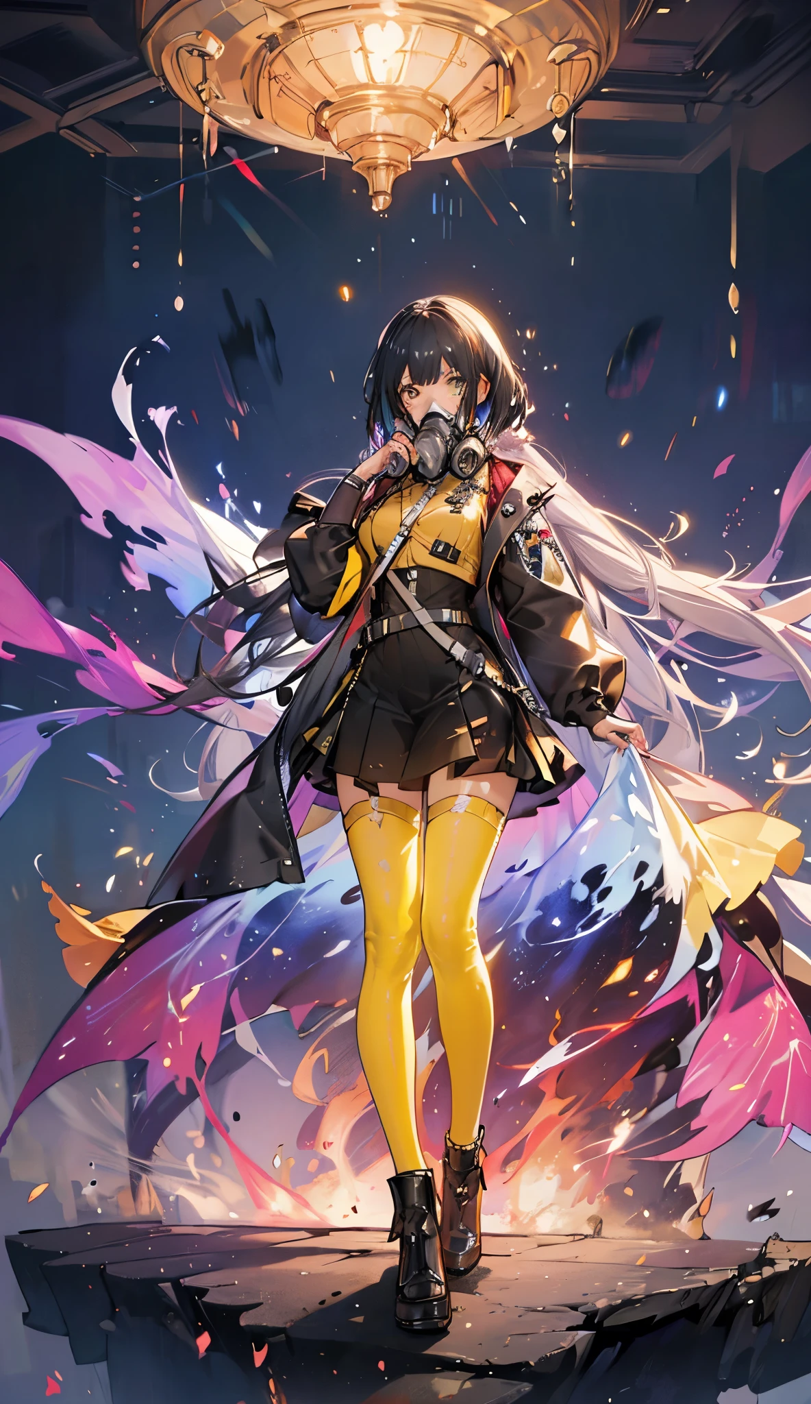 a girl walking through lots of green gas , using ((((Tech Futuristic Gas Mask)))), full body costume, white long hair, { extremely detailed 16k CG unit wallpaper}, expansive landscape photograph , (a bottom-up view focusing on the character and the setting), ( wide view of open field ), ( Low-angle photo ), (high light: 1.6), (low light:1.0), (source of hot light: 1.0), Complex details , ( iridescent colors : 1.5), ( bright lighting ), ( atmospheric lighting ),