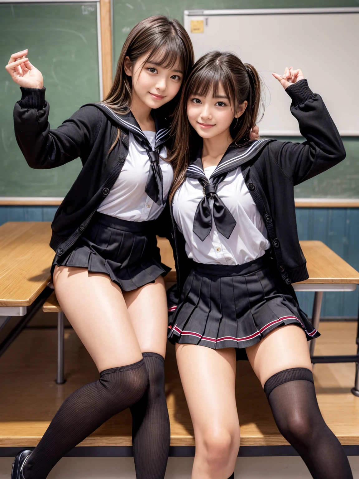 Two high school girls in a classroom、Natural body shape、White skin、Natural Makeup、Black Hair、bangs、Bob short hair and twin tails、((High School Uniform))(((navy blue cardigan、White collar blouse、red school ribbon、mini skirt)))、((Big Breasts))、(Looking at the camera facing forward)、Full body photo、Exposing your thighs、White socks、Black Loafers、((Lift up the skirt？))、(Small size pure white panties)、Focus on the groin、Sit with your legs apart、Very tight panties、Two people hugging each other、Lift up the skirt、Lesbians too