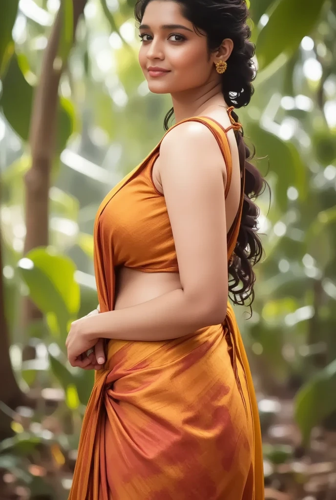 a beautiful girl in a traditional indian saree, perfect figure, prominent nipples visible, extremely detailed and realistic facial features, elongated eyelashes, high-quality, photorealistic, 8k, masterpiece, vivid colors, warm lighting, intricate detailed textile patterns, flowing fabric, elegant pose, serene expression