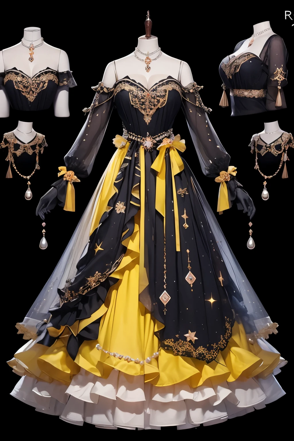 Aquarius concept costume 、Jellyfish、Rose、yellow, comes with lots of jewels and pearls,and place the costume on top of the mannequin, black background