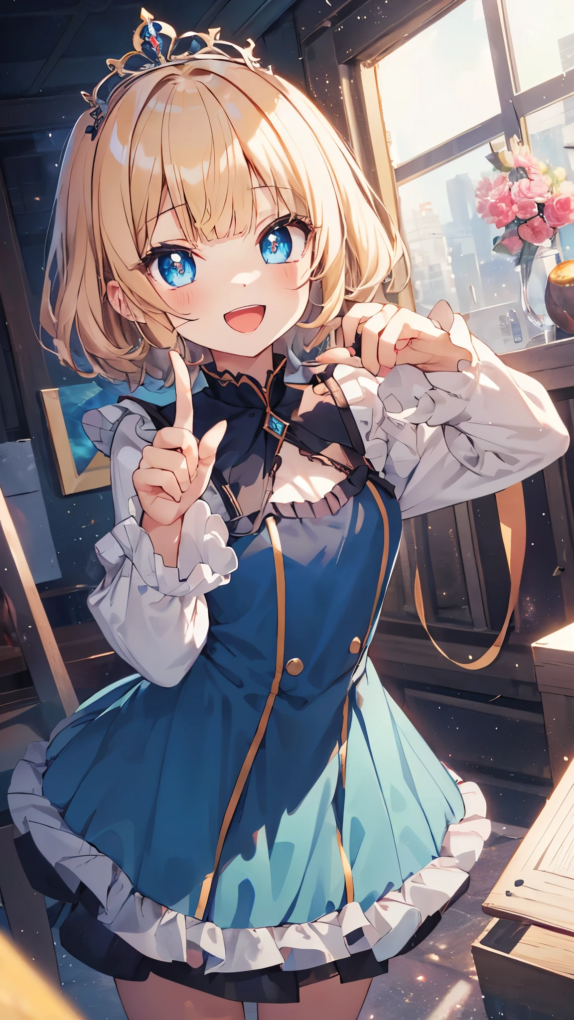 1girl,solo,PrincessMia20,(Chibi,li, little, ultra cute kawaii:1.3),blue eyes, blonde hair, blunt bangs,short hair,aqua dress,tiara,smile,open mouth,lipstick,finger pointing,masterpiece,Noise Reduction,perfect anatomy,high resolution, ultra-detailed, ultra-detailed face,game cg,dutch angle ,beautiful detailed eyes,visualart,five fingers, perfect hands, perfect lighting, sparkling pupils,