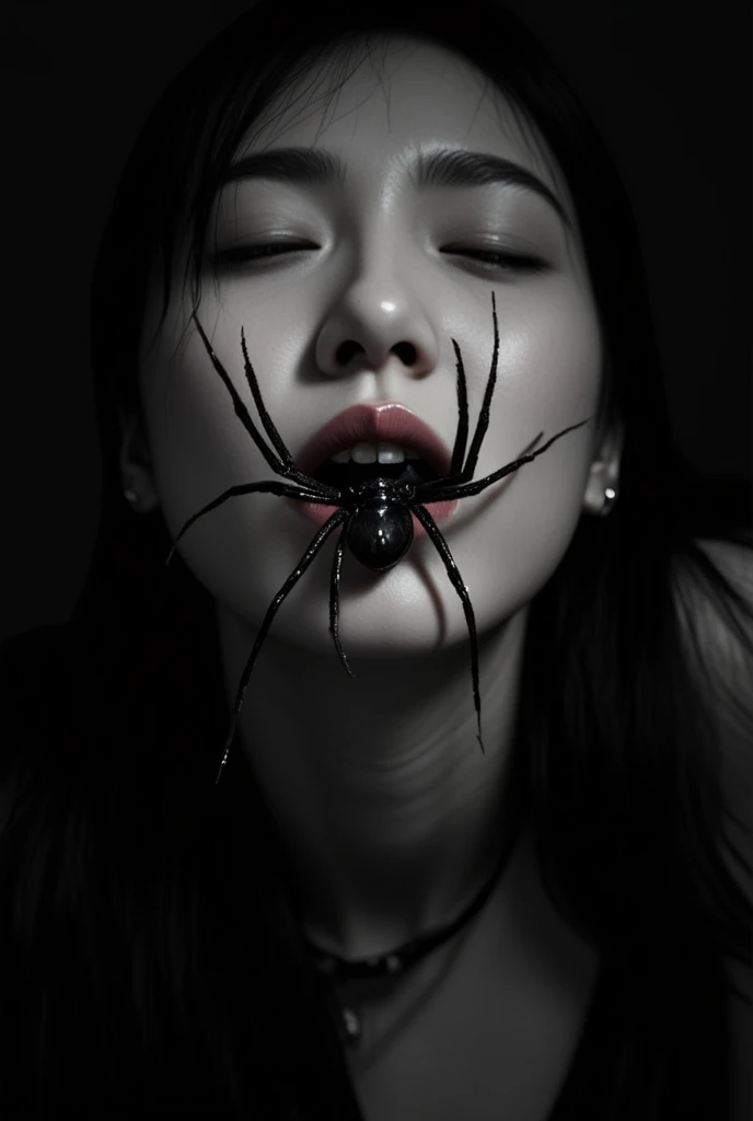 Spider in the mouth of a sleeping person , sexy, goth , pleasure face, rolled up eyes, orgasm face