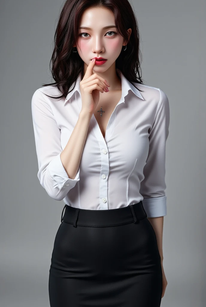    A 25-year-old office lady, standing facing forward, full body view,  using a formal shirt of white color, Long fishtail skirt bottoms to the toe of black color, sweating a lot,  using a cross necklace , dark red lips , long wet hair,  wet whole body , lip biting finger , seductive expression