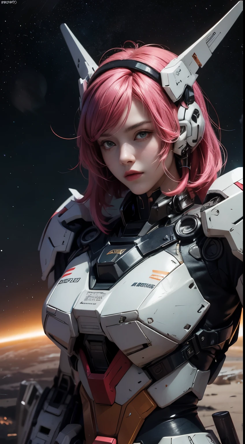 raw, masutepiece, ultra fine photos,, Best Quality, Ultra High Resolution, Photorealistic, Sunlight, Full body portrait, stunningly beautiful,, Dynamic Poses, Delicate face, Vibrant eyes, (Side view) Close up portrait of a woman wearing a pink and white Gundam castume, Divamic Pose, short pink hair, Girl in Mecha Cyber Armor, portrait armored astronaut girl, D. va from overwatch, female mech, on a gundam, Gundam Head, Chiho Aoshima's color scheme, Mobilesuit, streamlined pink armor, fully robotic!! girl, realistic cosplay, gundam armor (Dynamic Pose) (Best Camera View) Sitting on the Gundam Mecha