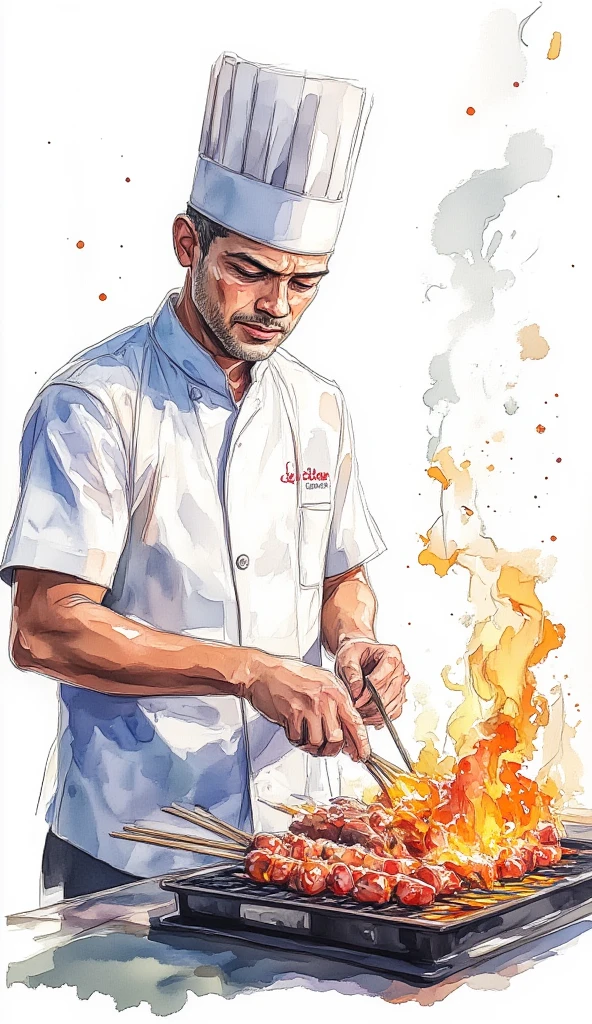 A picture of a Malaysian man making satay at a food stall, White background