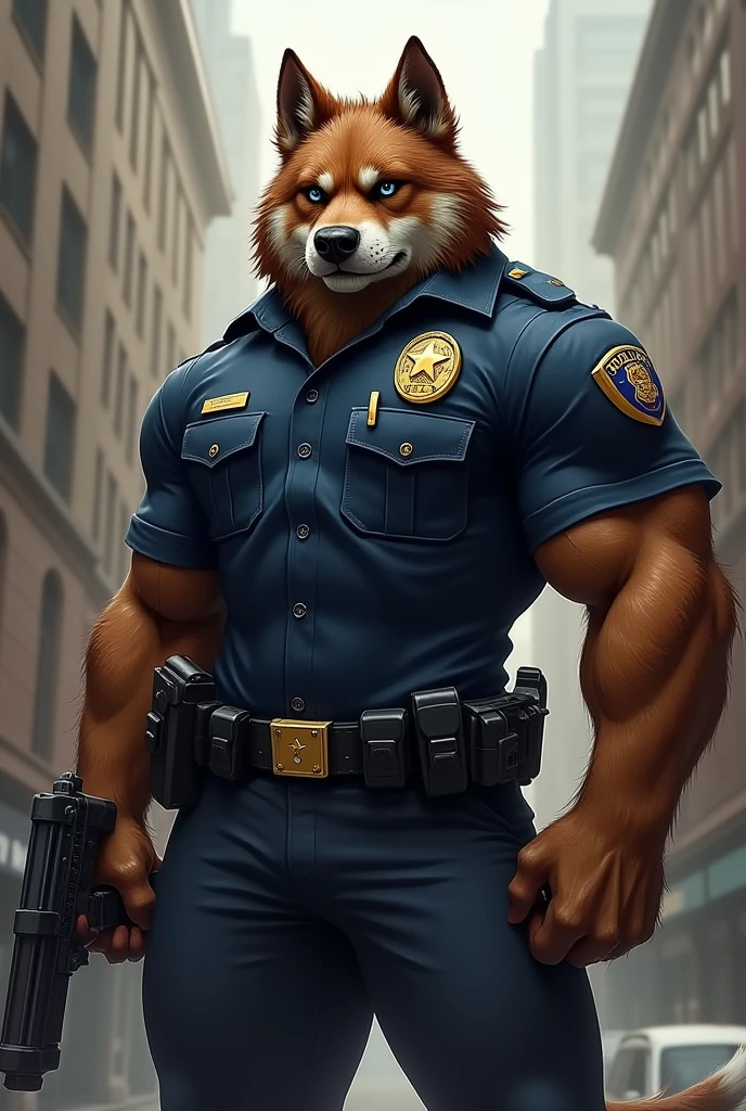 Furry NSFW, realism, realistic, anthro male german shepherd with brown fur, wearing policeman uniform, standing up , mean face, crossed arms, intimidating, has a massive bulge, looking at viewer, in dark alleyway, highlight, realistic fur, realistic reflectuons,