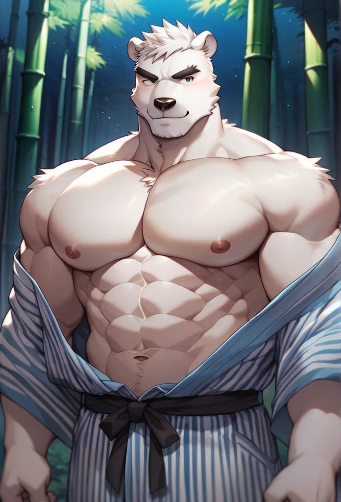 (morning), 1volibear, 独奏, 看着观众, winter, smile,肌肉男，beard,middle-aged，white fundoshi,((open)  kimono)，Chinese traditional clothes,close-up,lying in,stud earrings,nipple ring,sweat,drooling,blush sticker,wet,splashed , spilted, milk ((on body)))