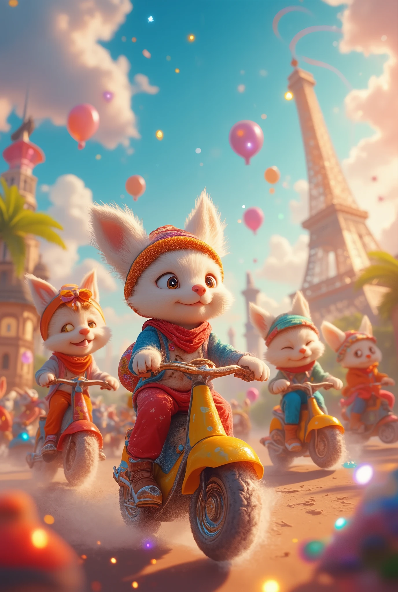 A vibrant and enchanting scene of cute creatures from all around the world on a whimsical world tour, featuring a variety of adorable animals and fantasy beings, each with unique outfits and accessories representing different cultures, riding colorful balloons, bicycles, and magic carpets. The setting includes iconic landmarks like the Eiffel Tower, the Great Wall, and a lush tropical island, all artistically blended into a fantastical landscape. The creatures are surrounded by glowing particles, colorful confetti, and soft sunlight, creating a joyous atmosphere. The sky is a radiant mix of blue, pink, and orange hues, with fluffy clouds and rainbows arcing above. The scene is detailed, vibrant, playful, and full of charm, capturing the spirit of adventure and unity in a fantasy world filled with wonder,
