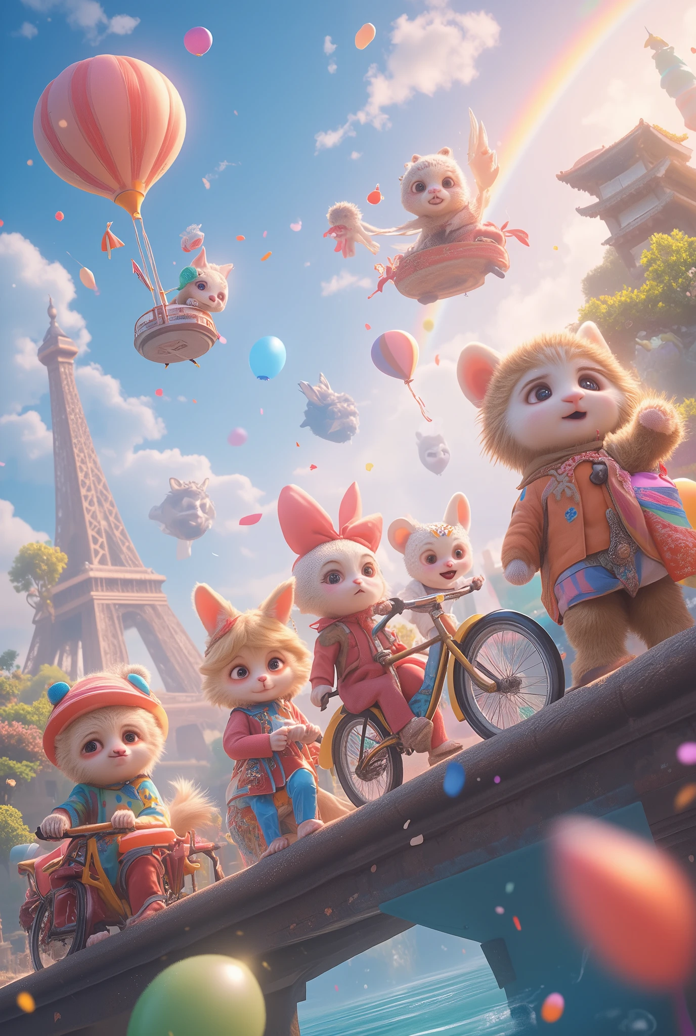 A vibrant and enchanting scene of cute creatures from all around the world on a whimsical world tour, featuring a variety of adorable animals and fantasy beings, each with unique outfits and accessories representing different cultures, riding colorful balloons, bicycles, and magic carpets. The setting includes iconic landmarks like the Eiffel Tower, the Great Wall, and a lush tropical island, all artistically blended into a fantastical landscape. The creatures are surrounded by glowing particles, colorful confetti, and soft sunlight, creating a joyous atmosphere. The sky is a radiant mix of blue, pink, and orange hues, with fluffy clouds and rainbows arcing above. The scene is detailed, vibrant, playful, and full of charm, capturing the spirit of adventure and unity in a fantasy world filled with wonder,