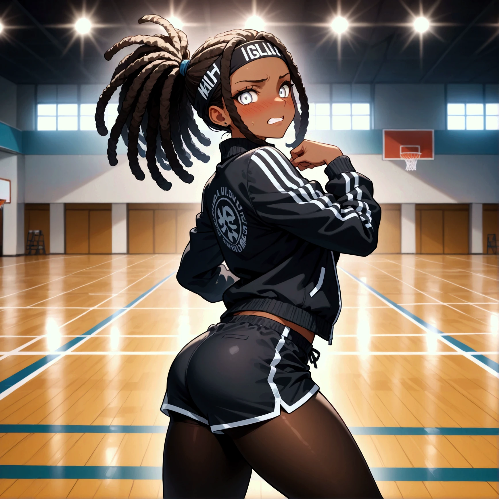 1Girl, Dark Skin, Long Dreadlocks Down, White Eyes, Dark Green Jacket, White Shirt, Black Gym Leggings, Jewelry, Hairband, Looking At Viewer, Thinking, Posing, Solo, Basketball Court Background, Anime, High Resolution, Best Quality, From Behind, 