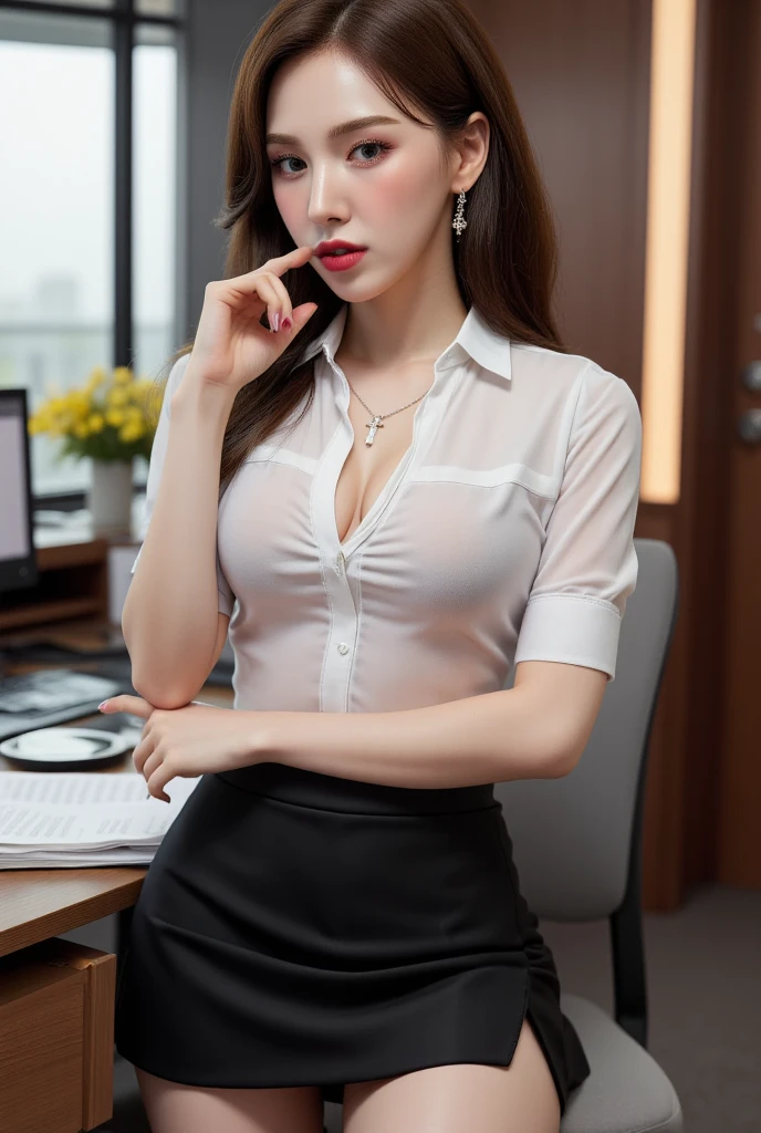    A 25-year-old office lady, sitting on a table facing the front , full body view,  using a formal shirt of white color,   wearing a black fishtail model full length skirt,  sweating a lot,  using a cross necklace ,  dark red lips ,  long hair , lip biting finger ,  seductive expression