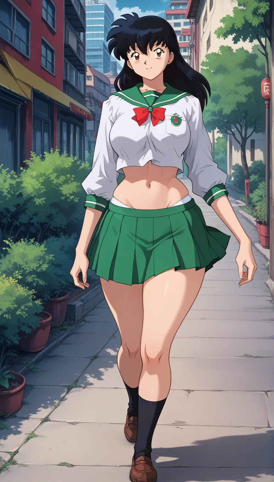  masterpiece, ( Better Quality), 1girl, Kagome Higurashi, brown eyes, hair between eyes, full body ,nature green ,  perfect eyes, Perfect face,  big bosom,  black hair,  Perfect lighting, outdoor, warm colors , city, belly button, visibles panties, white panties, looking at viewer, school uniform , happy, , walking, smile, green++,  thick thighs, curvy girl,  short skirt 