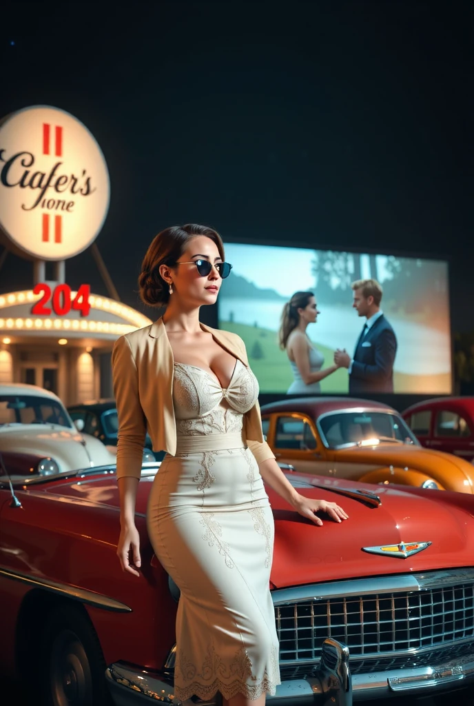 A beautiful woman stands beside a classic 1950s convertible, wearing a fitted dress with a high waistline and intricate lace details, paired with a stylish bolero jacket. Her hair is styled in glamorous vintage rolls, with a hint of volume, and she wears dark cat-eye sunglasses. The drive-in theater behind her is filled with vintage cars, a giant screen showing a romantic film, and a starry night sky above, creating a nostalgic, cinematic atmosphere.