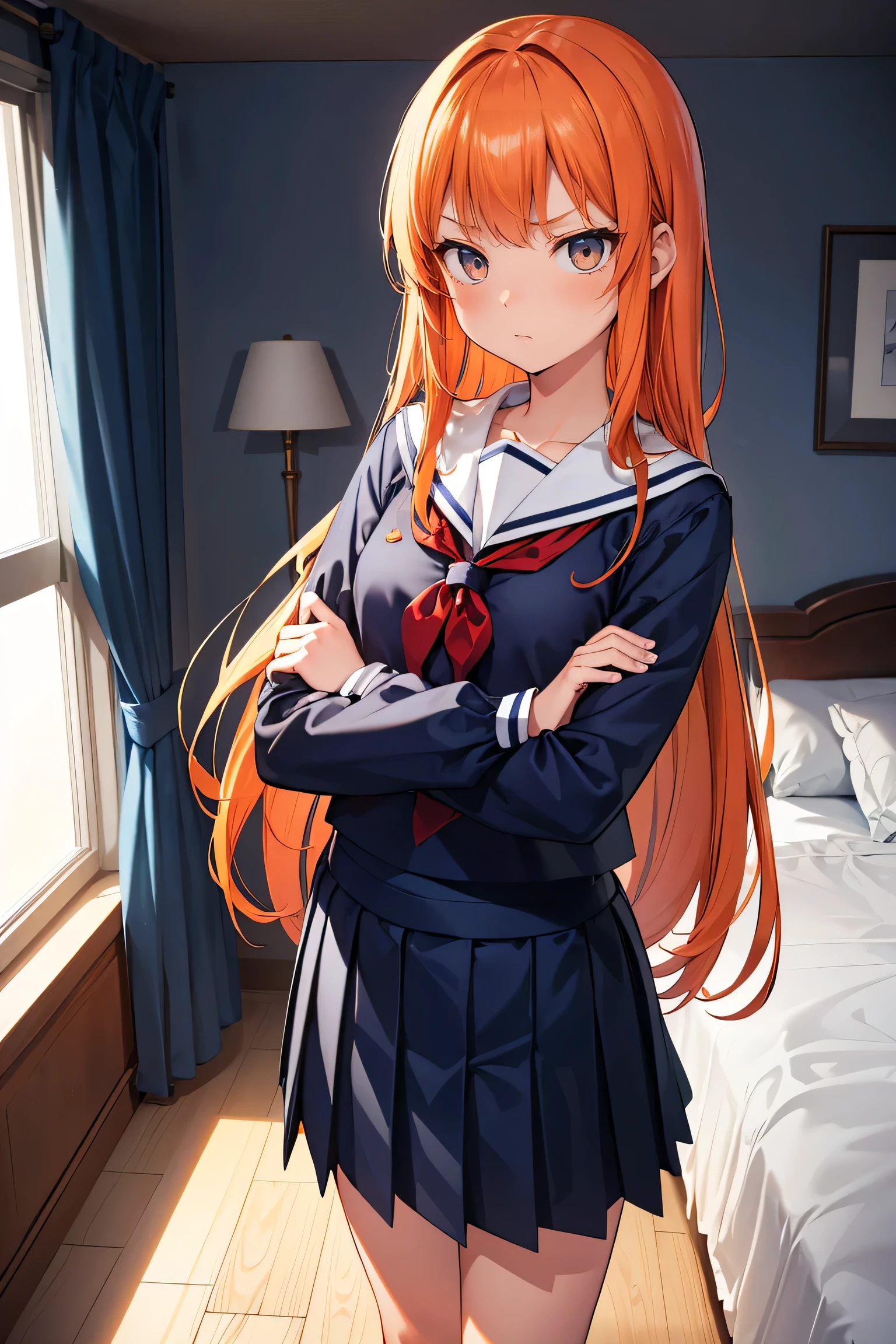 at bedroom, morning, 1girl, height 150cm, -highschoolge hair, long hair, bangs, (gray color eyes, slant eyes), tsurime, anger face, folding arms, flat chest, (long sleeve sailor suit, navy color seilor suit), (navy color skirt, long pleated skirt)