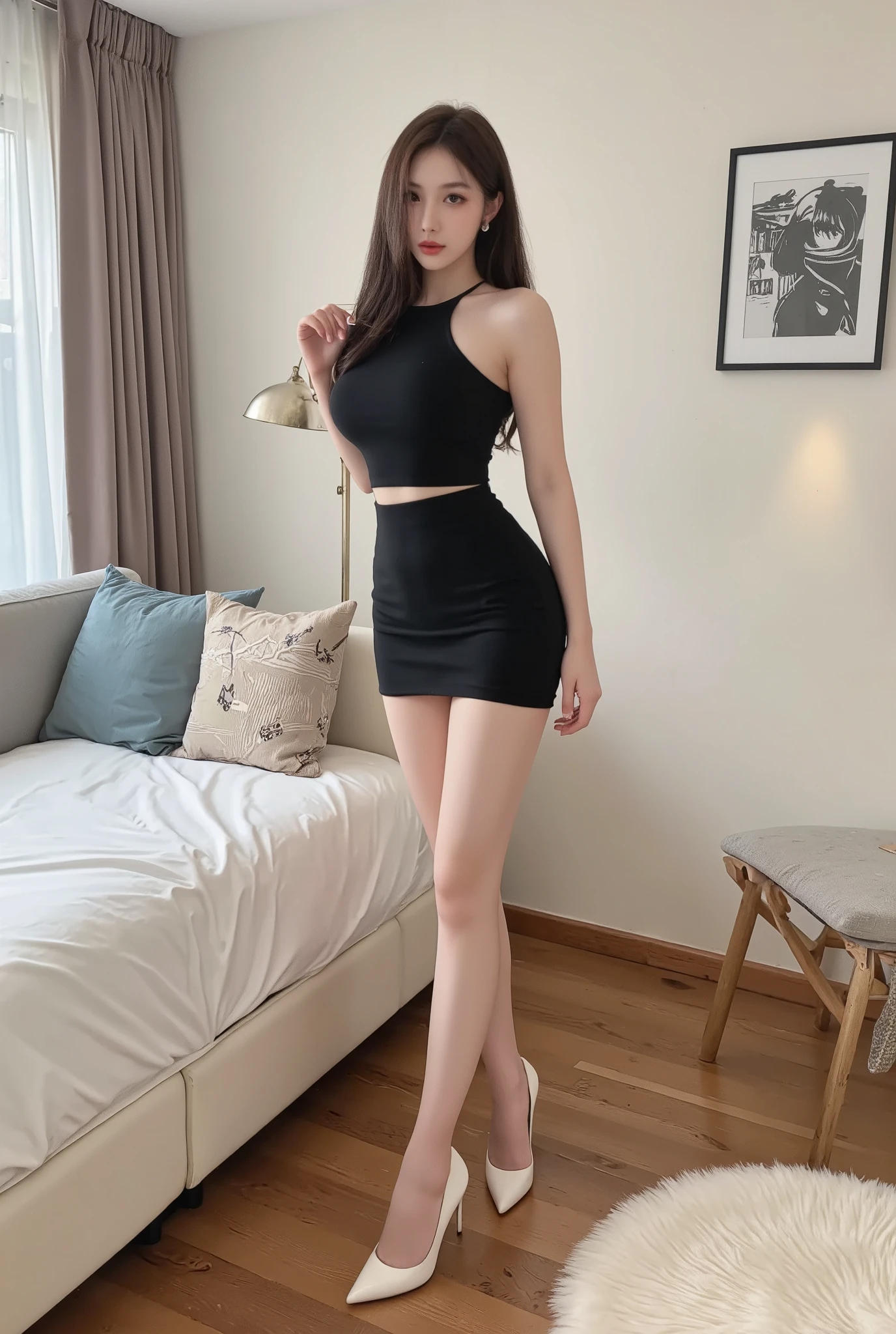 ((Midnight, Best quality, 8k, Masterpiece :1.3)), Whole body, Long legs, Sharp focus :1.2, A pretty woman with perfect figure :1.4, Slender abs :1.1, ((Dark brown hair, Big breasts :1.2)), (tanktop, short skirt, sneakers, Standing:1.2), ((Night city view, Rooftop:1.3)), Highly detailed face and skin texture, Detailed eyes, Double eyelid, armpits