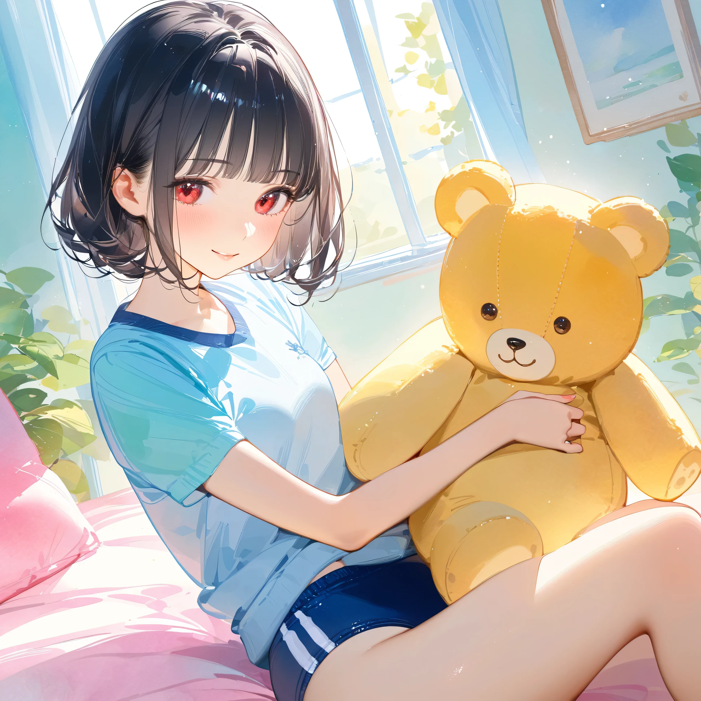 (masterpiece, best quality, top quality, beautiful, beautiful, official art:1.2), Thick paint, white background, blue and white image, bright colors, dynamic shot, soft touch, delicate and beautiful art, (watercolor style: 1.2), (pastel color: 1.2), colorful and artistic style, very delicate and beautiful illustration, warm color scheme, cowboy shot, cute room, girl sitting on bed, cute interior, cute accessories, hugging a big teddy bear, detailed face and eyes, beautiful face, beautiful girl, gentle girl, short-sleeved gym uniform, school gym buruma, slightly red cheeks, she is smiling gently, fairy tale atmosphere, expressive and realistic facial expression, BREAK cute, sexy pose, bob cut, beautiful black hair, short bangs, red eyes, gym uniform, (thighs), school gym buruma, tilting head, closing mouth, gentle expression, gentle smile, detailed eyes,