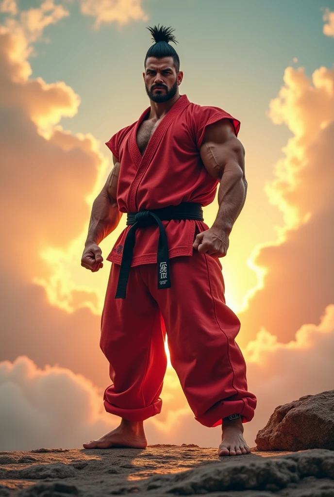 The Karate player in the between buildings and height and red lights around the muscular body