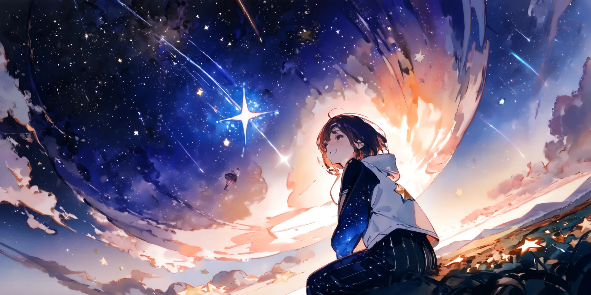 at beautiful nebula, so many shooting stars,1girl\((sit on the sooting star:1.3) with big smile\),many beautiful planet,dynamic angle, focus on girls face, watercolor picture-book style,rough touch,from below,landscape, surrealism