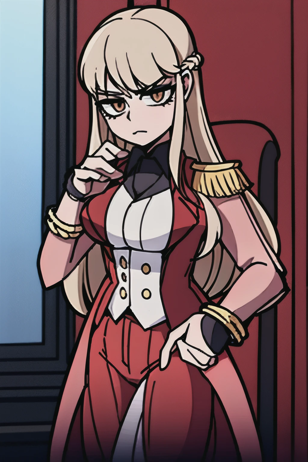 NSFW,1girl,standing ,RelenaPeacecraft, large_breasts, hair on her eyes , long brown hair , throw, hair stuck to my eyes, dazzling ,glaring ,Disgust , dark eyes,RelenaMilitaryUniform ,in the throne room,looking at viewers,cowboy shot,BREAK,masterpiece ,8k unity wallpaper,anime key visual,highest quality, High resolution,  (shape:0.8),anime coloring,highly detailed face, detailed eyes,growing eyes,shiny skin,fine skin,white skin,dense skin,detailed hair,highly detailed legs,perfect lighting, Detailed CG, (perfect hands, perfect anatomy),High resolution,(Detailed wear ),slender limbs, delicate curves, dainty hands,figure:0.8,
