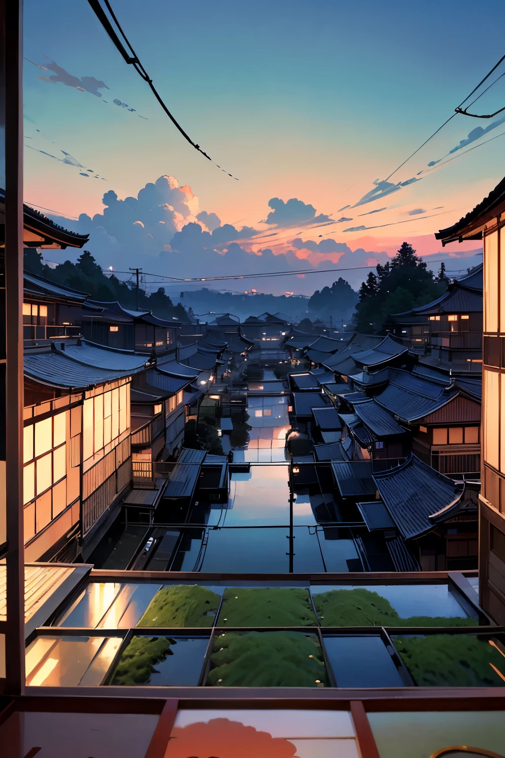 8k, haigh quality, high resolution, realistic, Japanese summer rural house, scene with Japanese wind chimes and rice fields, (zoom Japanese glass wind chimes), no person, no people, ((Paddy field)), (I can see grass and big trees, many Electric poles), ((The camera angle is from inside the house facing outside)), (The house has a garden, at the back of which many electric poles and paddy fields can be seen), (Japanese Wind chimes are hanging),((I can't see any other houses))