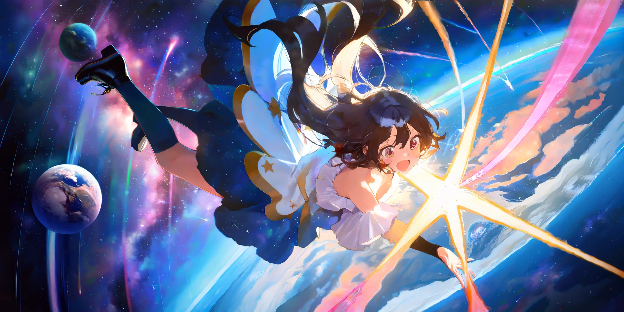 (1girl siting on star:1.4) with big smile,at beautiful nebula, (so many shooting stars),many beautiful planet,dynamic angle, focus on girls face, watercolor picture-book style,rough touch, space-scape,masterpiece,best quality