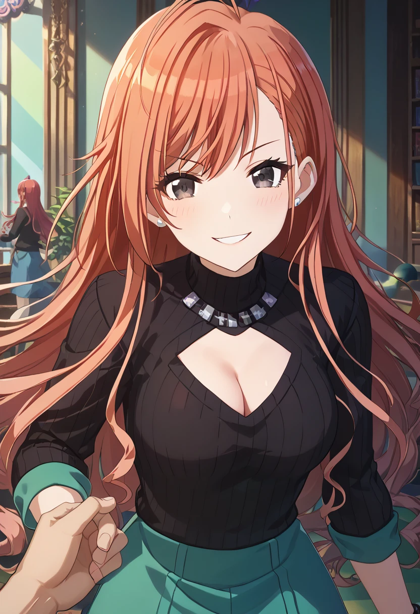 (masterpiece),(best quality),(ultra-detailed),(best illustration),(best shadow),(absurdres),(detailed background),(very aesthetic)natsuha arisugawa, long hair, bangs, ahoge, red hair, orange hair, black eyes, large breasts,black sweater, cleavage, 1boy, myroom, pov hands, a boy is grabbing girl's breaests, shy, evil smile