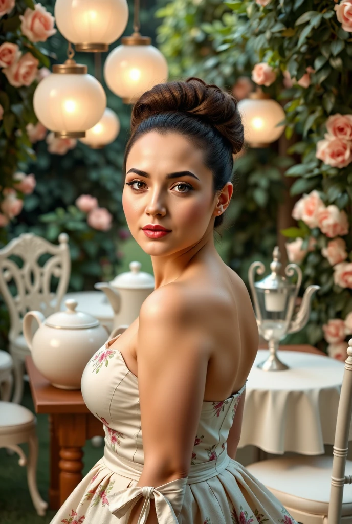 A young woman is the center of attention at a garden party, wearing an elegant 1950s gown with intricate floral embroidery and a voluminous skirt. Her hair is styled in a classic vintage beehive updo, with delicate curls framing her face. She wears soft gloves, pearls, and a vintage fascinator with a small flower. The garden around her is filled with blooming roses, vintage tea sets on tables, and floating lanterns casting a warm, golden glow, giving the scene a nostalgic and whimsical atmosphere.