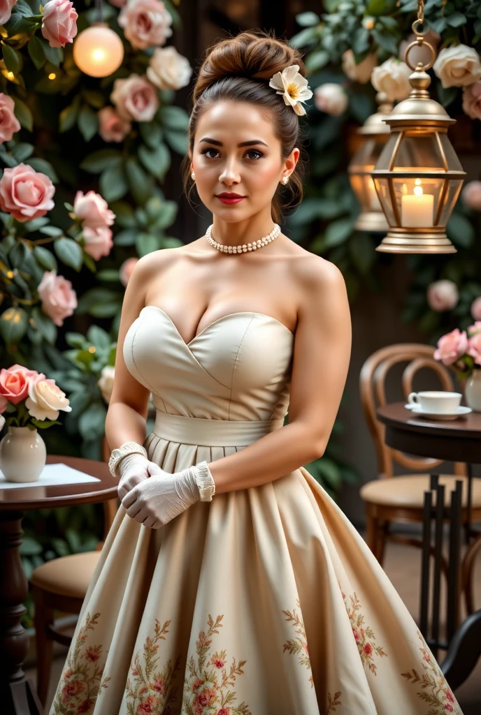 A young woman is the center of attention at a garden party, wearing an elegant 1950s gown with intricate floral embroidery and a voluminous skirt. Her hair is styled in a classic vintage beehive updo, with delicate curls framing her face. She wears soft gloves, pearls, and a vintage fascinator with a small flower. The garden around her is filled with blooming roses, vintage tea sets on tables, and floating lanterns casting a warm, golden glow, giving the scene a nostalgic and whimsical atmosphere.