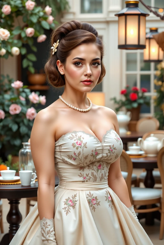 A young woman is the center of attention at a garden party, wearing an elegant 1950s gown with intricate floral embroidery and a voluminous skirt. Her hair is styled in a classic vintage beehive updo, with delicate curls framing her face. She wears soft gloves, pearls, and a vintage fascinator with a small flower. The garden around her is filled with blooming roses, vintage tea sets on tables, and floating lanterns casting a warm, golden glow, giving the scene a nostalgic and whimsical atmosphere.