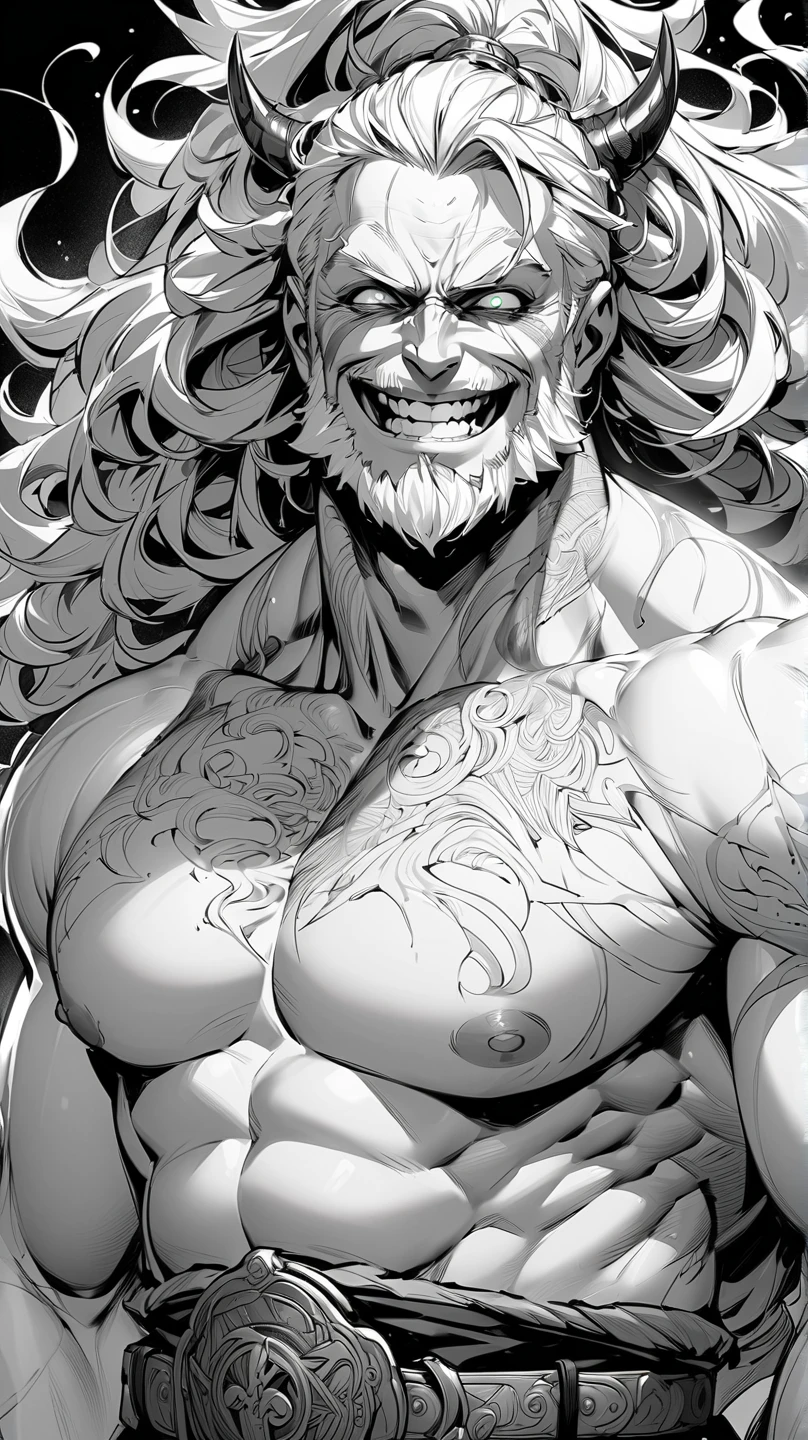 Muscular shirtless man grey hair beard laughing torso grab, hands on another's hips, poking, disembodied limb