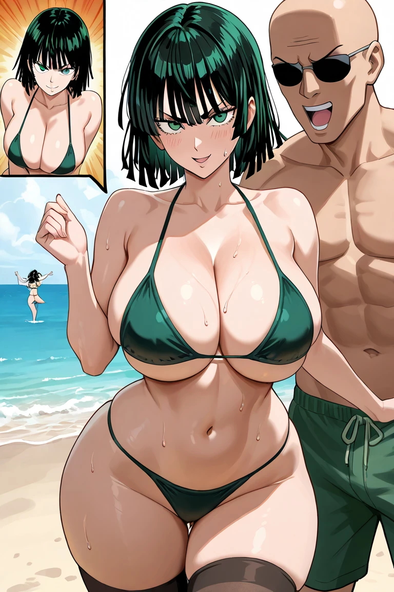 japanese,nsfw, glasses,black-crosstype-halter-micro-bikini,,blown hair,short hair.glamorous, voluptuous, nsft, ,surrounded by many boys, shy, sexual ecstasy, blush,stand,beach,