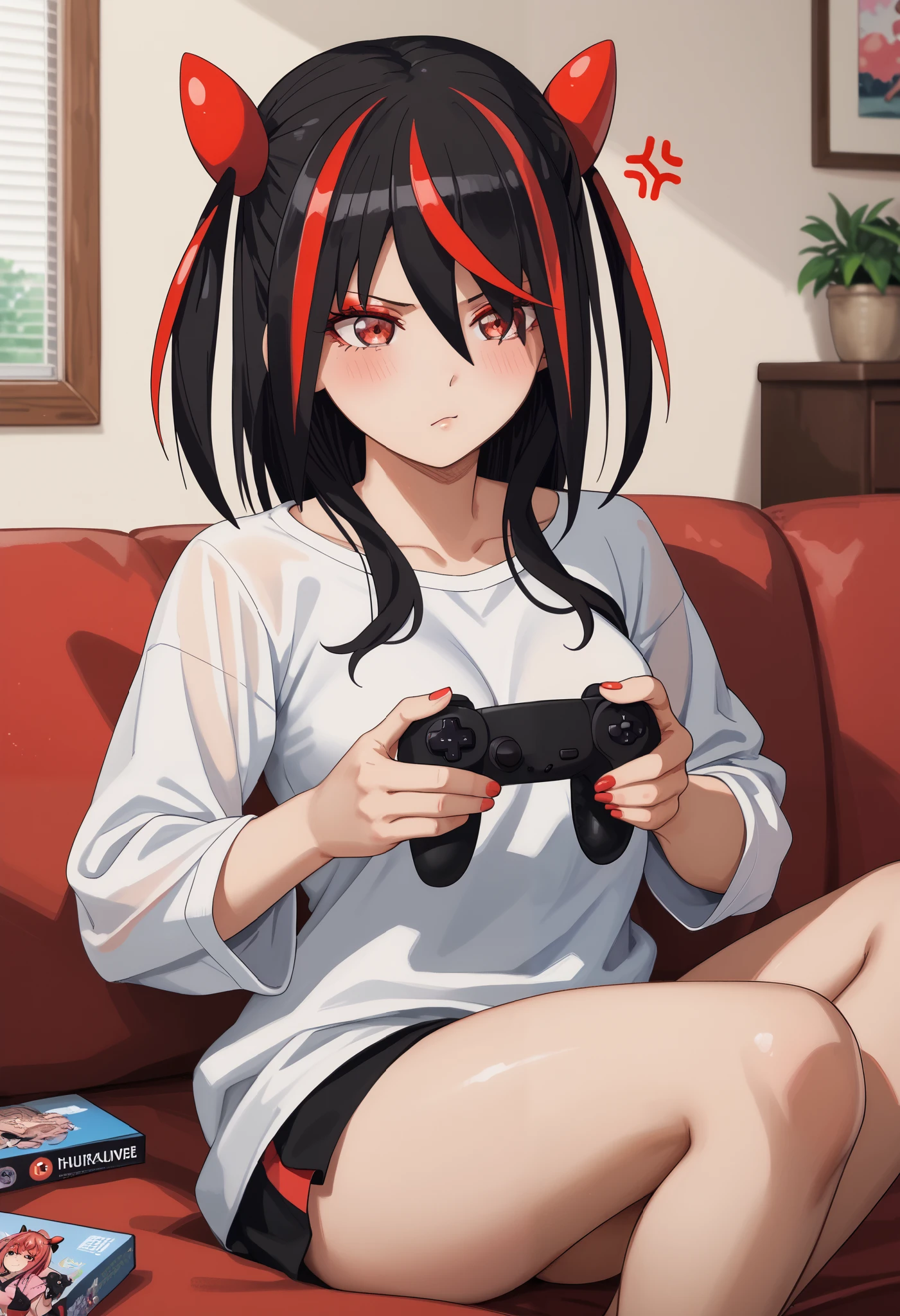 Score_9, Score_8_up, Score_7_up, bright skin: 0.1, anime_source, deep skin, high quality, high resolution, (curvy), ((wide hips)), medium breasts, cute, sexy, 1 girl, BREAK HaneruEmi, HaneruEmi, long hair, black hair, red highlights, red eyeshadow, red eyes, spiky hair, hair between eyes, side locks, oversized shirt, anger vein, twitching, nervousness, gaming, holding controller, sitting butterfly, feet, on the couch, hunched over, indoors, apartment, 
(Beautiful, medium breasts: 1.2), natural breasts,