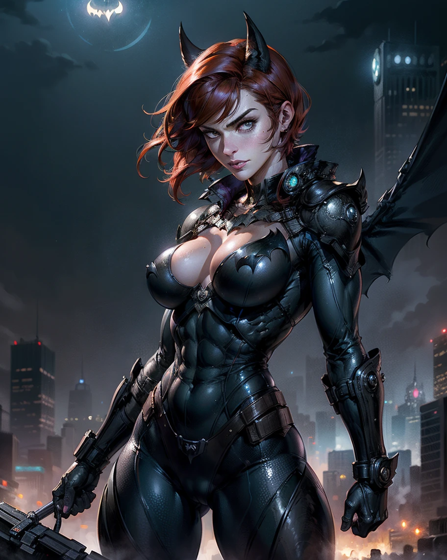 (Best Quality)), ((Masterpiece)), (Very Detailed: 1.3), 3D, Beautiful cyberpunk woman, batman cosplay, sci-fi technology, HDR (High Dynamic Range), ray tracing, nvidia RTX, super resolution, unreal 5, subsurface scattering, PBR texture, post-processing, anisotropic filtering, depth of field, maximum sharpness and sharpness, multi-layer texture, specular and albedo mapping, surface shading, accurate simulation of light-material interactions, perfect proportions, octane rendering, duotone lighting, low ISO, white balance, rule of thirds, wide aperture, 8K RAW, high efficiency subpixels, subpixel convolution, light particles, light scattering, Tyndall effect, very sexy bikini, full body, battle pose, red hair with braids, bats in the sky notuno, full moon,