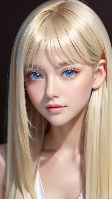 A perfectly beautiful face、Super long messy silky beautiful blonde、Beautiful cute girl 15 years old、Sexy and very beautiful cute face、Beautiful cute sexy bright pale sky blue big eyes、Long beautiful bangs、Very super long beautiful blonde shiny silky hair、Very white skin、Cheek gloss、Glossy skin、eyeliner、A peerless beauty、Hair above the eyes、片Hair above the eyes、Hair between the eyes、