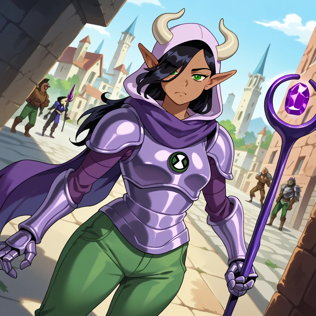  score_9,  score_8_above,  score_7_above,   source   _  animated, Olgadiscordia  , Olga Discord ,  wide hair,  black hair,  green eyes, very  wide hair,  pointy ears  ,  dark skin  ,  hair over one eye  , hembra de  dark skin  , elf, dark elf, exterior,  urban landscape,   looking at the spectator  ,  Dutch angle ,  Cowboy Shot , Purple hood ,  purple scarf, tunica, bull horns,  that comes out of each shoulder ,  metal gauntlets ,  bear claw , big , dark armor, tunica,   long pants ,  green pants 1 woman, metal armor, black metal armor, magic scepter, scepter in hand,  purple scepter, ben10, insignia, purple armor, purple armor