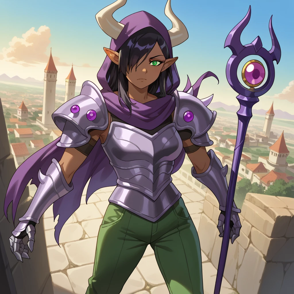  score_9,  score_8_above,  score_7_above,   source   _  animated, Olgadiscordia  , Olga Discord ,  wide hair,  black hair,  green eyes, very  wide hair,  pointy ears  ,  dark skin  ,  hair over one eye  , hembra de  dark skin  , elf, dark elf, exterior,  urban landscape,   looking at the spectator  ,  Dutch angle ,  Cowboy Shot , Purple hood ,  purple scarf, tunica, bull horns,  that comes out of each shoulder ,  metal gauntlets ,  bear claw , big , dark armor, tunica,   long pants ,  green pants 1 woman, metal armor, black metal armor, magic scepter, scepter in hand,  purple scepter, ben10, insignia, purple armor, purple armor