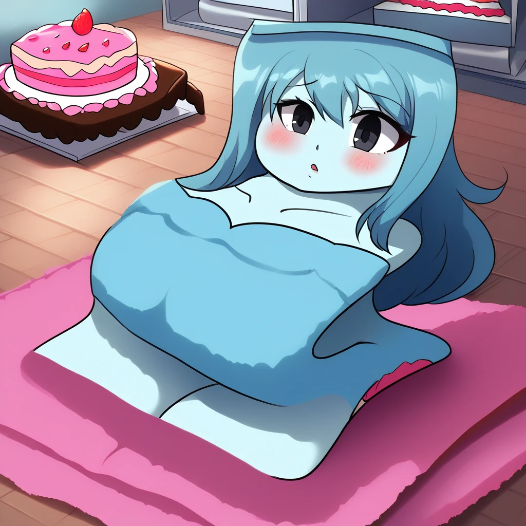 Living cake, score_9, score_8_up,  by fizintine
 sp00kjsm, 1girl, solo, aqua skin, colored skin, blue hair, long hair, solid oval eyes, black eyes, defspooky, lightblue dress, dress, Content:1.2,  floating, indoors, fat, chubby, obese, gigantic arms and legs, blush, on back, paper thin, flattened girl, flattened, on floor, lying on floor, roll press, factory, rollers,(towel body:1.3), 