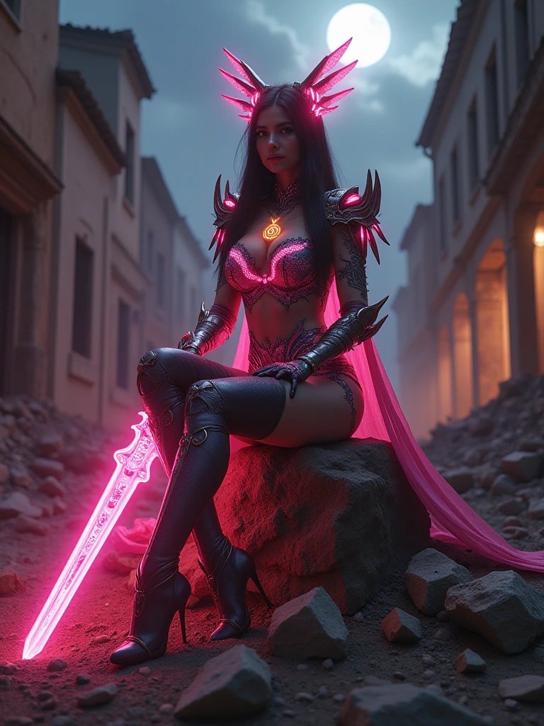 1 european girl, solo, long hair, breasts, looking at viewer, bangs, blue eyes, long wavy hair, thighhighs, dress, Black choker, holding, medium breasts, standing, weapon, boots, outdoors, sleeveless, sword, holding weapon, white dress, armor, tree, holding sword, sunlight, plant, gauntlets, sheath, castle, running, breastplate, stairs, armored boots, greaves, (NSFW, seductive eyes, skirt lift, exposed pussy, visible labia, vagina),girl,r1ge