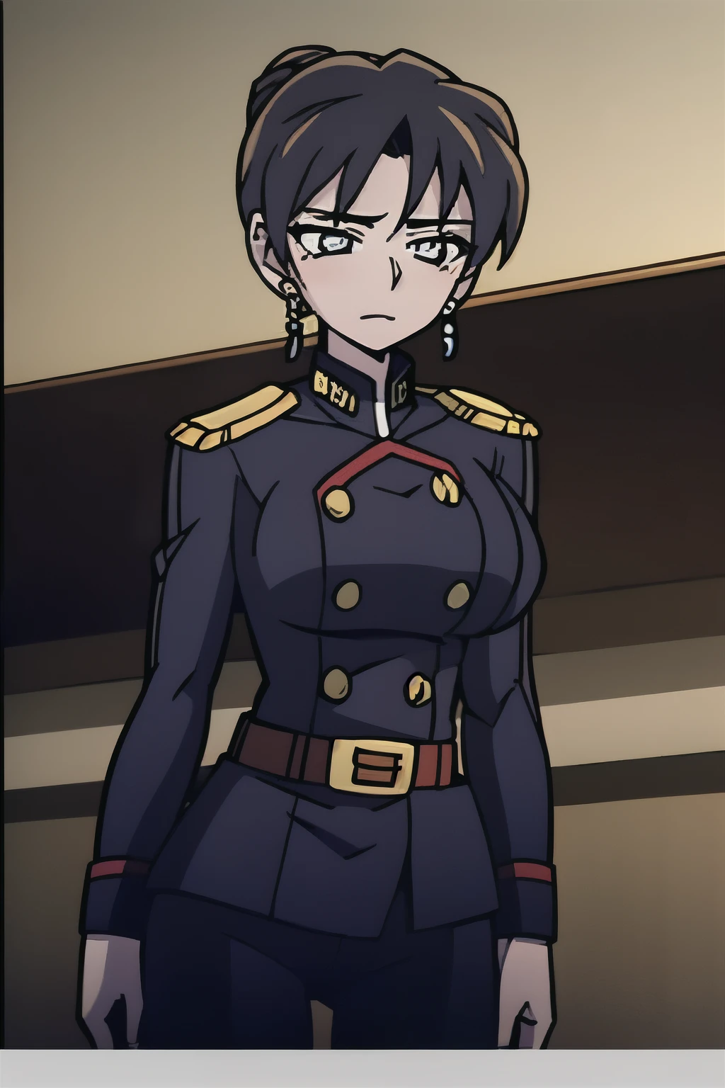 Anime, beautiful woman, masterpiece, pale skin, black hair, hair in a bun, military uniform, military-style, grey eyes, beautiful woman, athletic female, black uniform, mature female, medium chest, mature, 