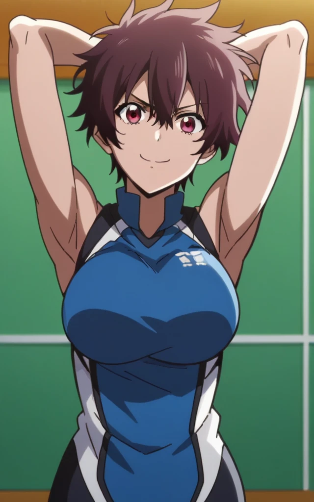 score_9, score_8_up, score_7_up, source_anime, anime screencap, 1girl, solo, nagisa aragaki, short hair, brown hair, red eye, blue shirt, sleeveless, sport uniform, arms behind head, bare shoulders, bare arms, armpits, looking at viewer, head towards viewer, smile, closed mouth, badhandv4, large breasts, feminine, indoors, gym background