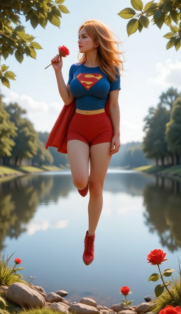 PHOTO REALISTIC HELEN SLATER AS SUPERGIRL, LEVITATES ABOVE A LAKE WHILE HOLDING A ROSE AND SMELLING IT. 4K HIGH RES, CRYSTAL CLEAR IMAGE, INTRECATE DETAILS AND TEXTURES, RED HEELED BOOTS