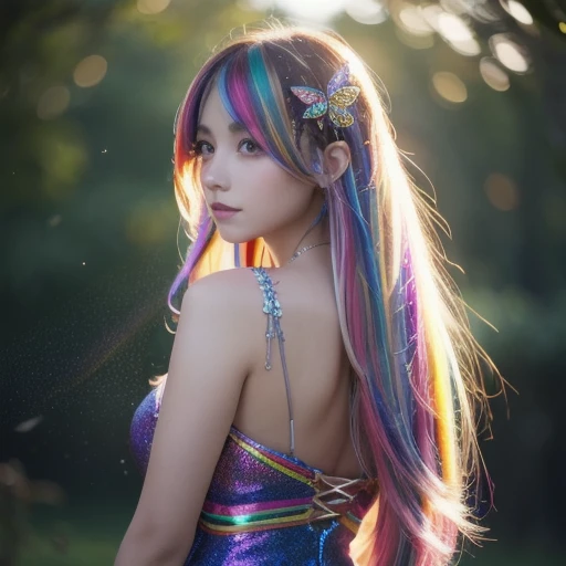  1 girl, Masterpiece,  extremely detailed, (( cinematic lighting )), (Shine), (( Dramatic Lighting)), (( Beautiful Detailed Sparkle )),  complicated details,  lens flare,   MULTI-COLOR HAIR,  rainbow hair,  long hair,   Multi Color Dress , Butterfly Hair Ornament,  butterfly , (Particles of light),  back to arm  ,  big breasts, [ curved],  cowboy shooting, A faint smile,  green eyes, church,  Stained Glass,  spotlight standing on the far left,  dark background ,  floating hair ,  floating hair ,  Look at the Viewer ,(( colorful ))