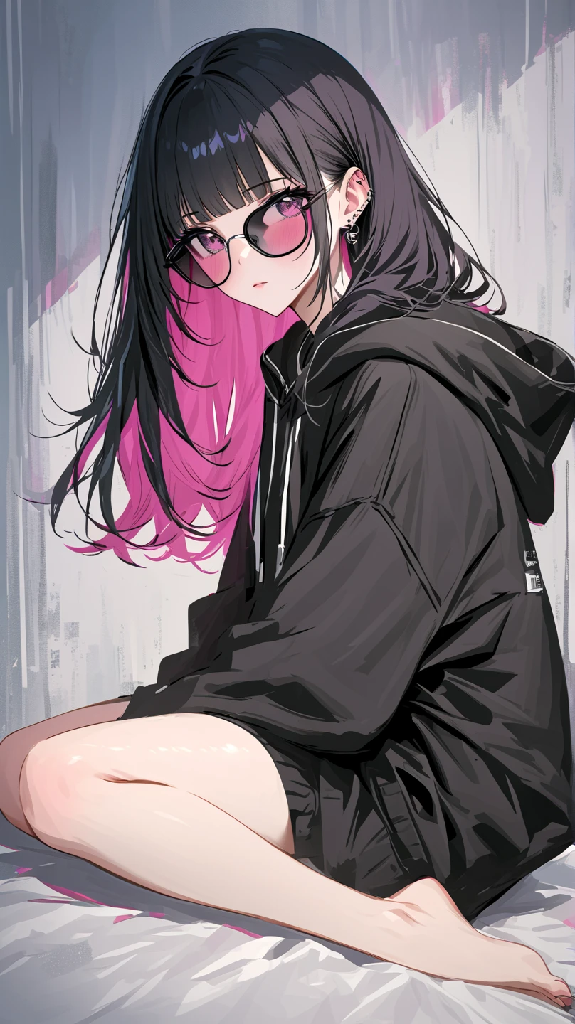  impasto,  long hair, bangs ,Masterpiece,  best quality , 1 person , black hair with dark pink inner hair color , perfect face ,  GLAY Eye  ,  cute Girl  , Alone, skin ,  adult Female  ,  full body , Delicate line drawing, front with side View ,  very detailed ,  Rose background , sketch ,  Stylish clothes , black sunglasses , black color a stylish oversize hoodie , modern style , piercing  , sit , warm , sexy, a bright tone , barefoot  , blush , to be shy