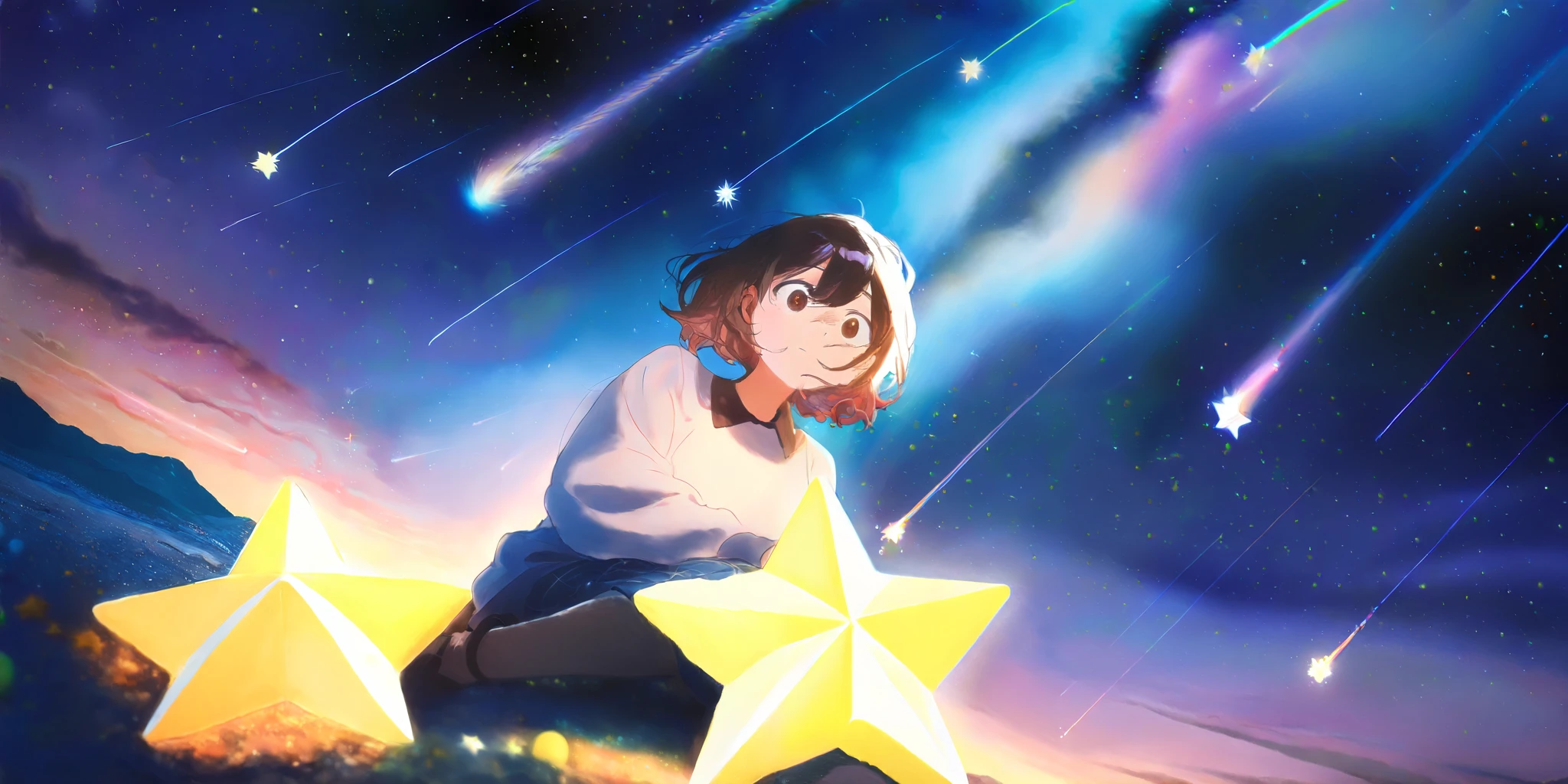 at beautiful nebula, (so many shooting stars),1girl\((sit on the sooting star:1.3) with big smile\),many beautiful planet,dynamic angle, focus on girls face, watercolor picture-book style,rough touch,from below,landscape, surrealism