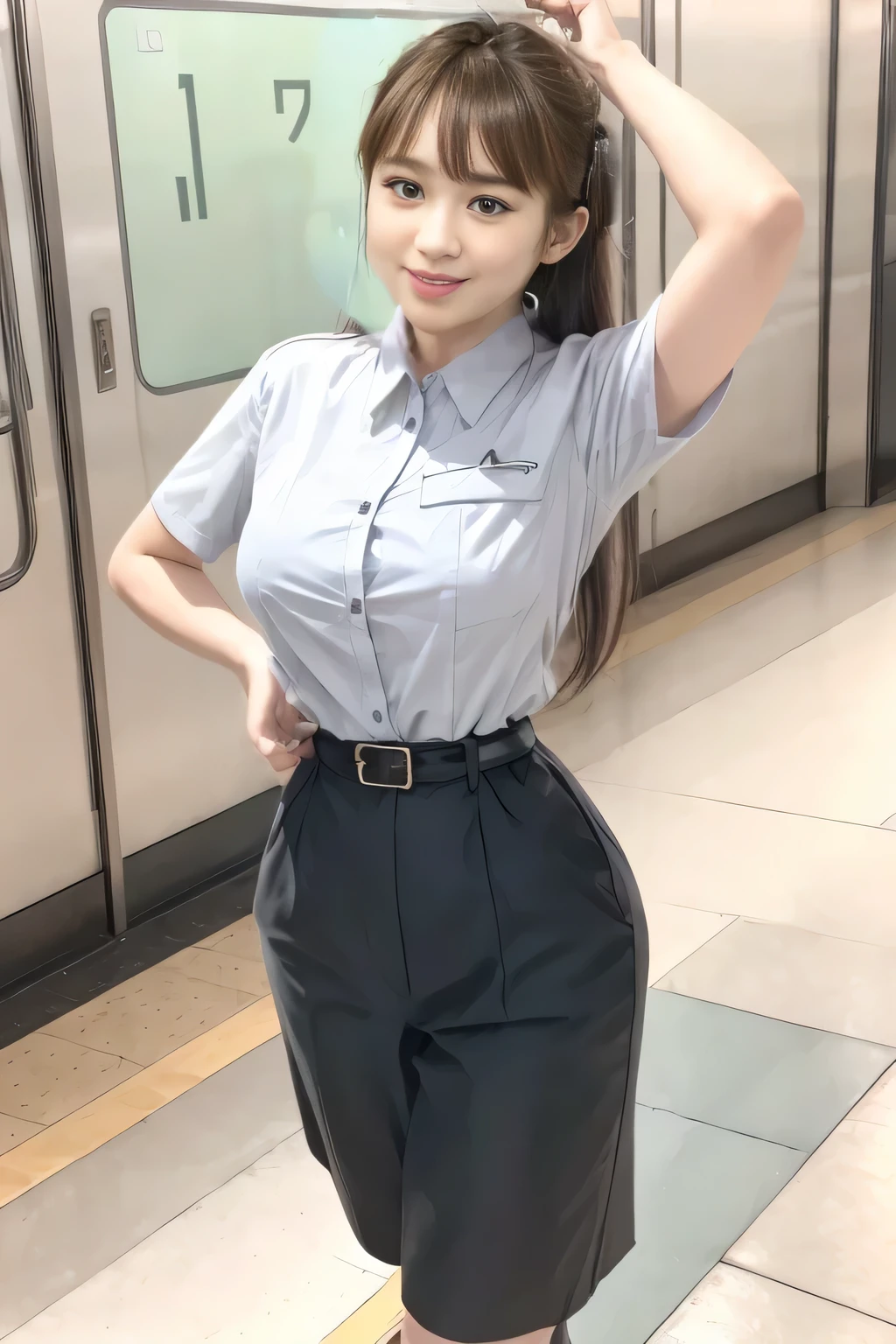 (Masterpiece:1.2, best quality :1.2), 32kHDR, high resolution, (Alone、 1 girl)、(Rooftop of a building during the day、 professional lighting)、Building rooftop background、( TOKYO SUBWAY WOMAN CREW UNIFORM REAL STYLE WOMAN CREW UNIFORM 6 )、(TOKYO SUBWAY WOMAN CREW UNIFORM BLOUSE SHORT SLEEVE 、 Knee-length culottes skirt、Waist belt)、、 dark brown hair 、( hair gathered、 hair bang)、 dark brown hair 、Long Hit、 big breasted、Thin legs、(( amazing hands:2.0)),((harmonious body proportions:1.5)),((Normal limbs:2.0)),((Usually refers to:2.0)),(( Delicate Eyes:2.0)),((Normal eyes:2.0)))、smile、(Tokyo Subway woman crew uniform Knee-length culottes skirtを見せた美しい立ち姿) 、Hands crossed underneath