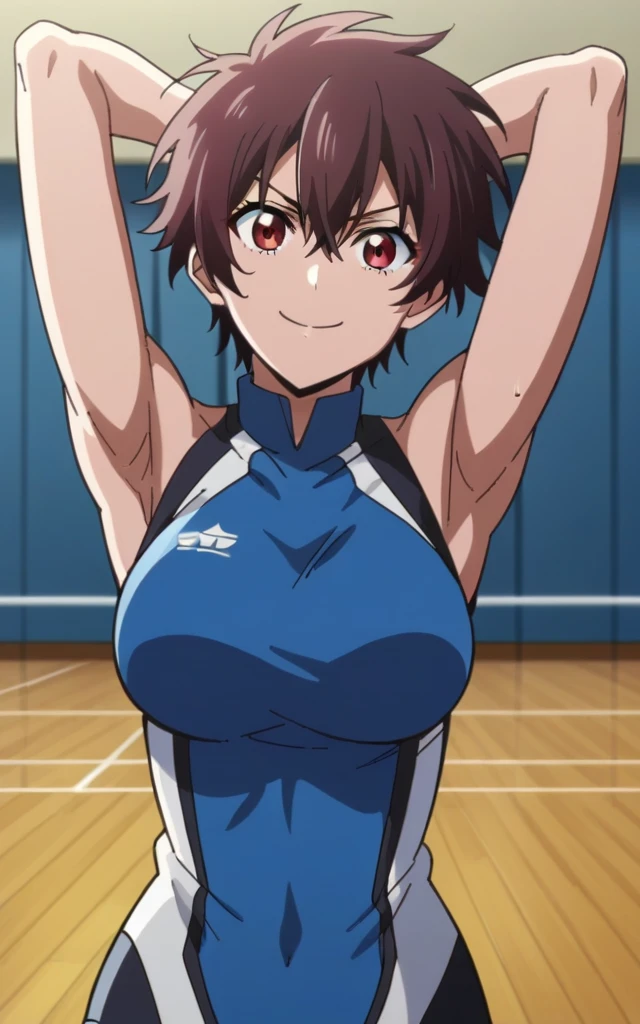 score_9, score_8_up, score_7_up, source_anime, anime screencap, 1girl, solo, nagisa aragaki, short hair, brown hair, red eye, blue shirt, sleeveless, sport uniform, arms behind head, bare shoulders, bare arms, armpits, looking at viewer, head towards viewer, smile, closed mouth, badhandv4, large breasts, feminine, indoors, gym background