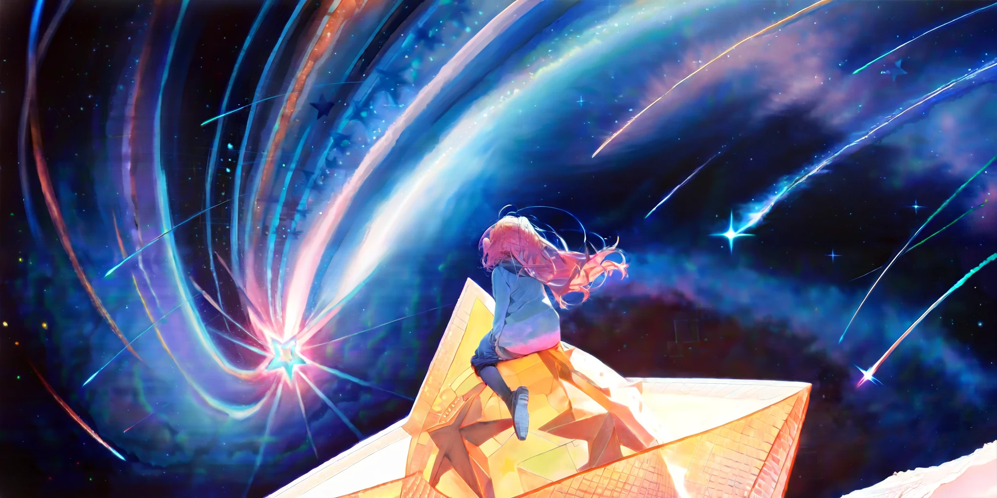(back view) of (1girl sitting on (star mark):1.4) . BREAK .at beautiful nebula, (so many shooting stars),many beautiful planet,dynamic angle, focus on girls face, watercolor picture-book style,rough touch, space-scape,masterpiece,best quality