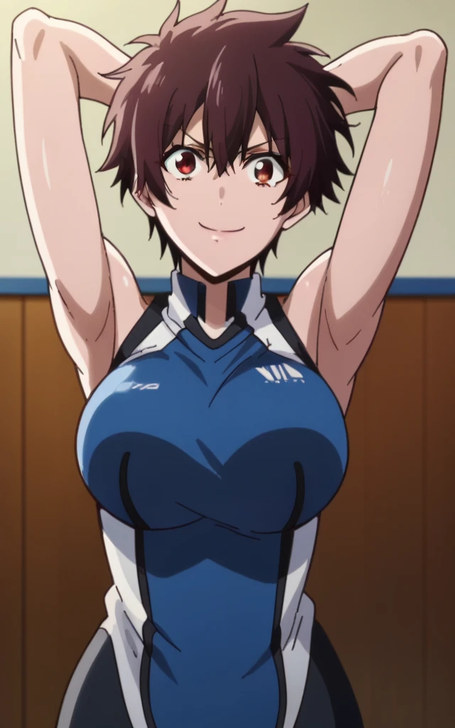 score_9, score_8_up, score_7_up, source_anime, anime screencap, 1girl, solo, nagisa aragaki, short hair, brown hair, red eye, blue shirt, sleeveless, sport uniform, arms behind head, bare shoulders, bare arms, armpits, looking at viewer, head towards viewer, smile, closed mouth, badhandv4, large breasts, feminine, indoors, gym background