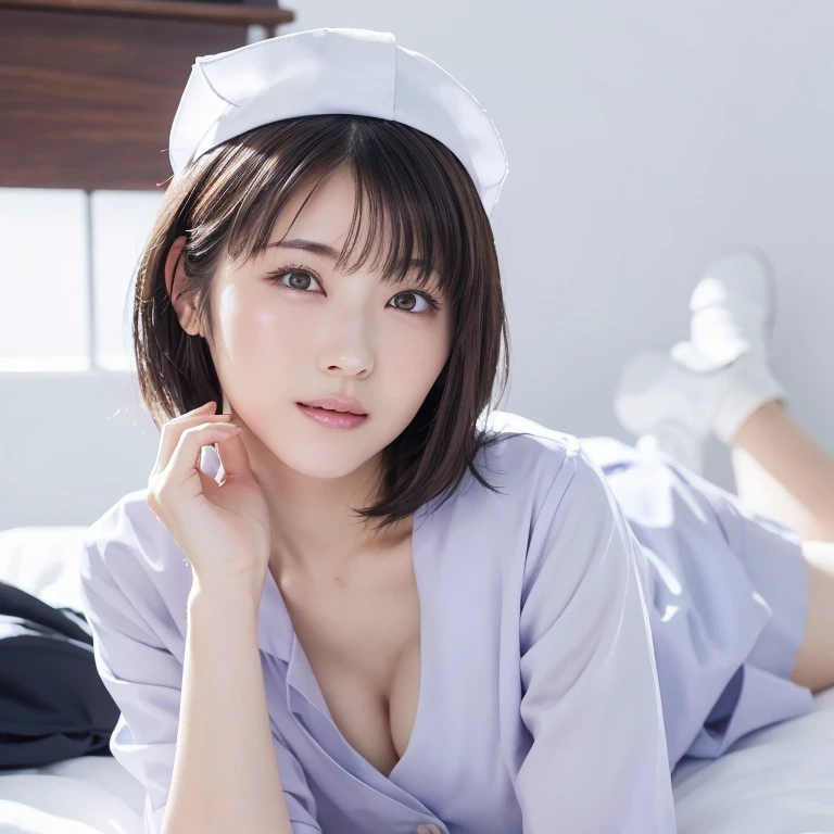 ((A very beautiful nurse takes off her clothes on the bed)). (wearing a white transparent nurse's uniform: 1.5). 40k, photo, masterpiece, top quality, cute, (short hair). Beautiful Japan woman with soft breasts and white skin, various poses. ((Big: 1.2)), ((Has very soft breasts, lies down and opens the crotch wide, is restrained)), ultra-detailed face, detailed eyes, Yui Aragaki, Sharp pupils, light brown hair, very short bob hair without bangs, (8K, Best Quality, Masterpiece: 1.2), (Realistic, Photorealistic: 1.2), On the bed, Lying down, Shirt, Skirt, Spread your legs, Unconscious, Sleeping, {{Ejaculation on face}},_in_mouth,_on_hair, Ejaculation on chest, Whole body,(((Thick white liquid on face))),(Thick white liquid on the body) , ((body is wet)), ((wet thighs)), (((thick white liquid dripping from the body)))), (((thick white liquid on the chest)))), Lying down, Mouth drenched with drool, having a long eggplant in her hand, Make the eggplant fatter.