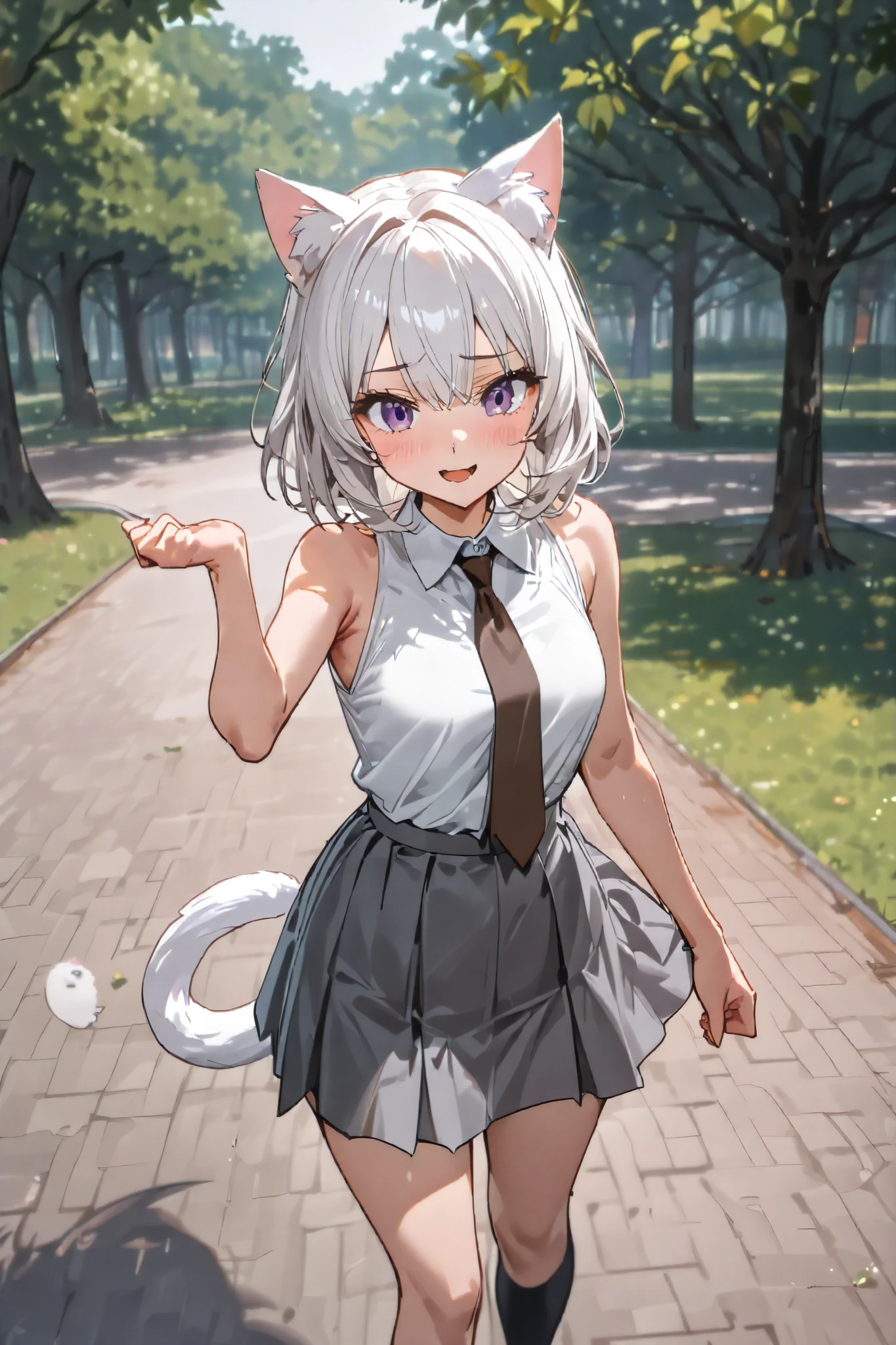 anthro boy cat, long hair, cat tail, solo, furry, furry boy, (girly, young, gray fur, gray body, blue eyes, gray hair:1.2), (panties, green sweater), (detailed background, park, day, summer, gray background), pose, bow collar